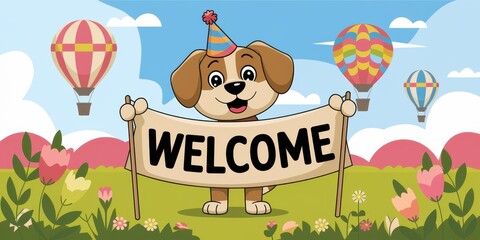 Fototapeta premium Happy Puppy Welcomes You With A Banner In A Festive Field