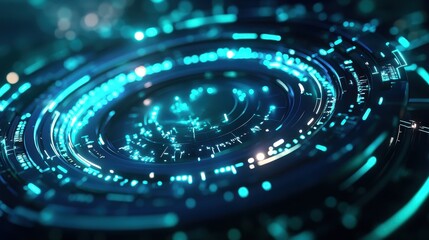 a futuristic virus design glowing with neon blue and green, high-tech holographic overlay, close up, focus on, copy space 