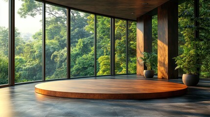 Fototapeta premium Modern interior space with wooden circular platform, surrounded by large windows showcasing lush greenery