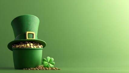 Green leprechaun hat, filled with gold coins and shamrocks. St. Patrick's Day.