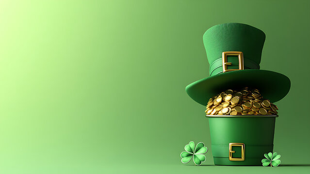 Green leprechaun hat, filled with gold coins and shamrocks. St. Patrick's Day.