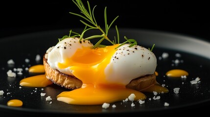 Poached egg with yolk oozing over toast, garnished with herbs.