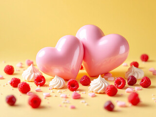 Obraz premium Pink heart-shaped desserts surrounded by raspberries, strawberries, and meringues on a yellow background.