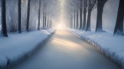 Winter Canal Scene With Snow Covered Trees