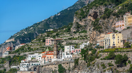 The picturesque village of Atrani on the coast near the Italian city of Amalfi on a sunny day