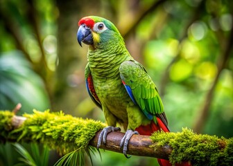 Vibrant Green Costa Rican Parrot in Lush Rainforest Habitat