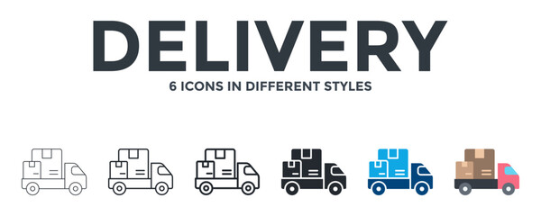 Delivery Icon In Different Style Vector Illustration. Designed In Thin Line, Regular Line, Bold Line, Glyph, Color Fill, And Flat Style Can Be Used For Web