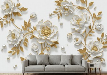 A 3D floral arrangement featuring a variety of white and gold flowers, with intricate leaves and stems
