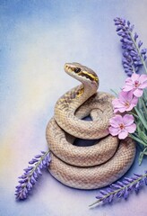 A beige snake coiled elegantly among lavender and pink flowers on a pastel backdrop.