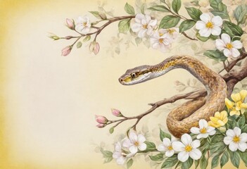 A coiled snake with intricate floral and leafy decoration on a soft yellow background.