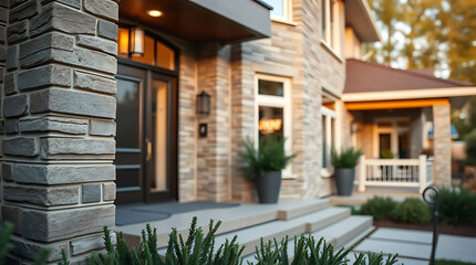 Fototapeta premium Luxury Home Exterior: Modern Brick and Stone Architecture. A stunning design with a grand entrance and meticulous landscaping.