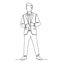 Obraz premium Confident business professional in suit and tie standing with hands on jacket in minimalist line Art style