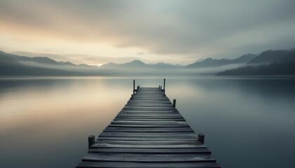 Obraz premium Wooden pier extending into a calm lake with misty mountains in the background at dawn