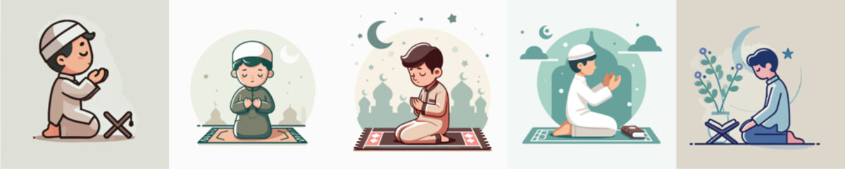 Collection of vectors of Muslim children praying
