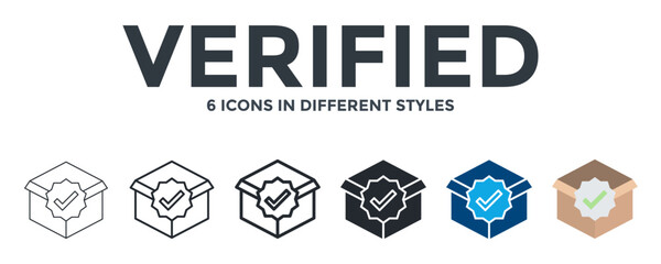 Verified Icon In Different Style Vector Illustration. Designed In Thin Line, Regular Line, Bold Line, Glyph, Color Fill, And Flat Style Can Be Used For Web