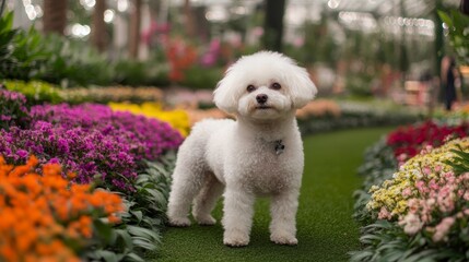 Adorable Bichon Frise Enjoying a Colorful City Park Stroll