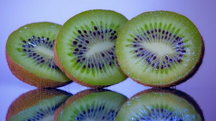 Fototapeta premium Sliced kiwi fruit on reflective surface, vibrant colors, close-up.