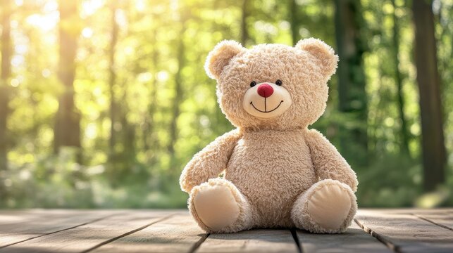 A plush teddy bear with a brown body, dark nose