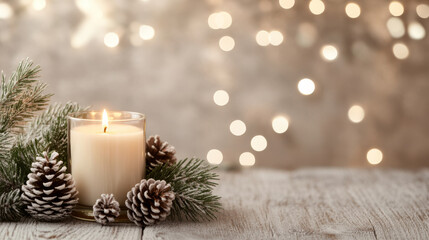 cozy candle surrounded by pinecones and evergreen branches, creating warm holiday atmosphere with soft bokeh lights in background