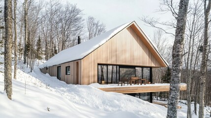 Modern wooden cabin, snowy hillside, winter forest