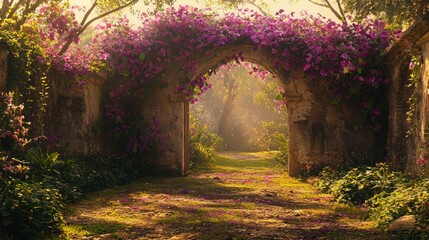 Obraz premium Sunlit archway, purple flowers, garden path, morning mist, tranquil scene, fantasy backdrop.