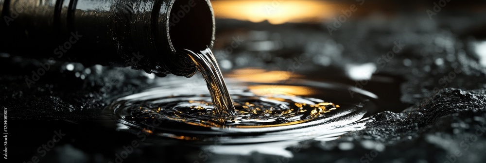 Fototapete Liquid flowing from a container creates ripples in a dark, reflective surface during low light conditions. Generative AI