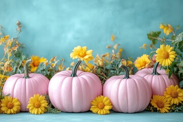 Pastel pink pumpkins with yellow flowers creating a charming Halloween aesthetic.