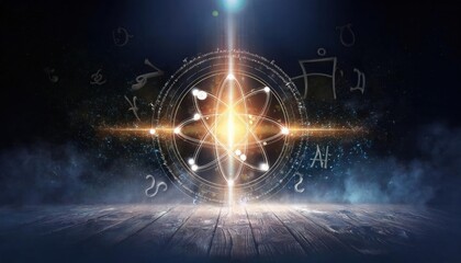 A radiant cosmic design featuring sacred geometry, glowing energy beams, and zodiac symbols on a mystical wooden floor.