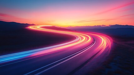 Winding Road Light Trails at Sunset Over Mountains