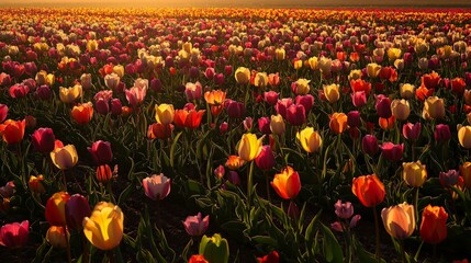 Sunset over colorful tulip field.  Spring landscape. Postcard.