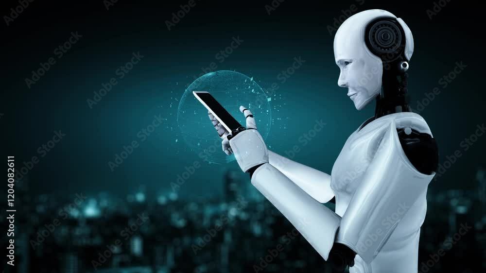 Poster futuristic robot artificial intelligence huminoid ai data analytic technology development and machin