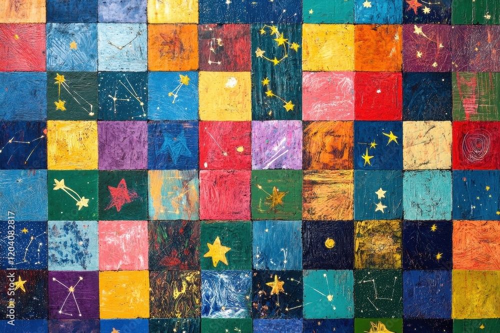 Poster a grid of colorful squares with stars and constellations. a vibrant mosaic featuring an array of col