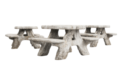 A weathered concrete picnic table in a serene outdoor setting. transparent background