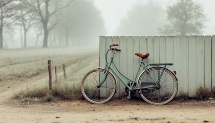 Fototapeta premium Vintage green bicycle stands against a fence in a foggy field on a misty morning