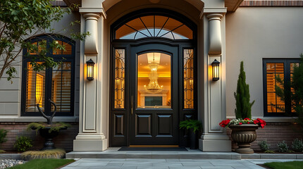 Majestic House Entrance: Elegant Architecture and Design. Discover the grandeur of this luxury home's exterior, showcasing a classic yet modern design with stunning architectural details.
