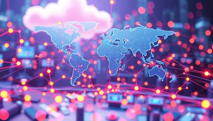 Global Digital Network. World map visualization with glowing interconnected nodes and networking lines in vibrant pink and blue colors.