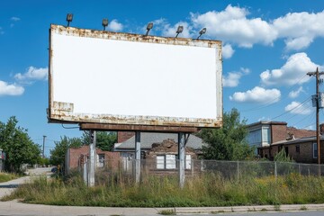 Dilapidated Billboard in Abandoned Urban Area Surrounded by Overgrown Grass and Blue Sky with Fluffy Clouds, Perfect for Advertising Space Conceptual Photography