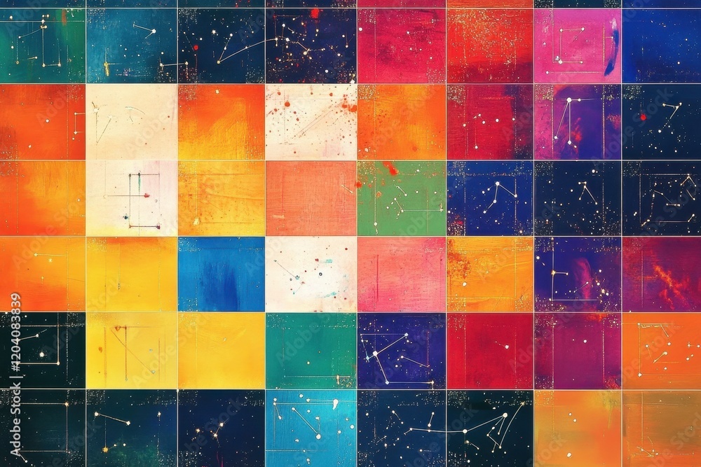 Poster a grid of colorful squares with stars and constellations. a vibrant mosaic featuring an array of col