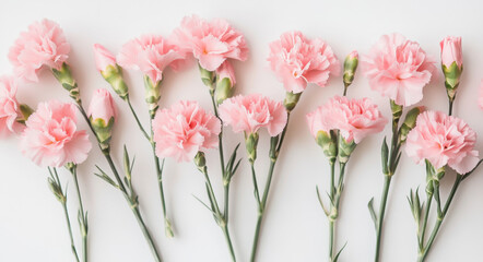 Fototapeta premium A collection of pink carnations is artfully arranged on a clean white background, highlighting their soft hues and intricate petal details. This floral display radiates charm and elegance.