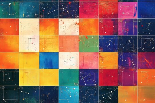 A grid of colorful squares with stars and constellations. A vibrant mosaic featuring an array of colorful squares and stars, creating a visually striking pattern.