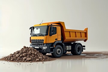 Obraz premium Orange Dump Truck. Modern industrial dump truck with pile of rocks against white background in studio setting.