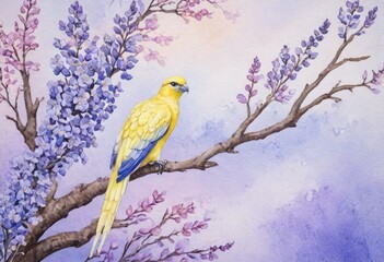 A blue and yellow bird perched on a flowering branch with soft watercolor hues.