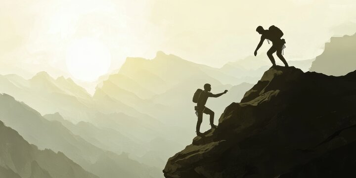 Climbers assist each other against mountain landscape