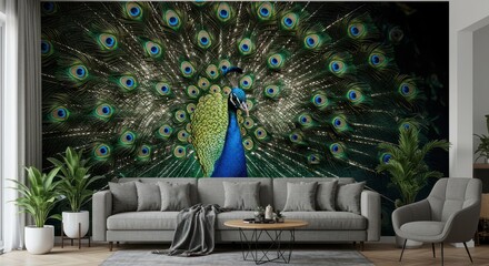 3D illustration of a majestic peacock with colorful, intricately designed feathers in shades of blue, green, and gold