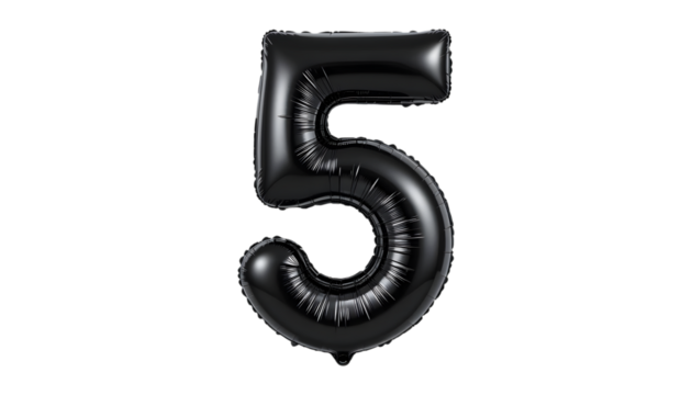 Black number five foil balloon on black background.