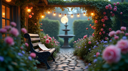 A beautiful valentines arrangement within a rose garden with sitter and lamp.