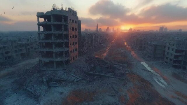 Destroyed modern city buildings in ruin view, war concept, apocalyptic landscape motion animation background