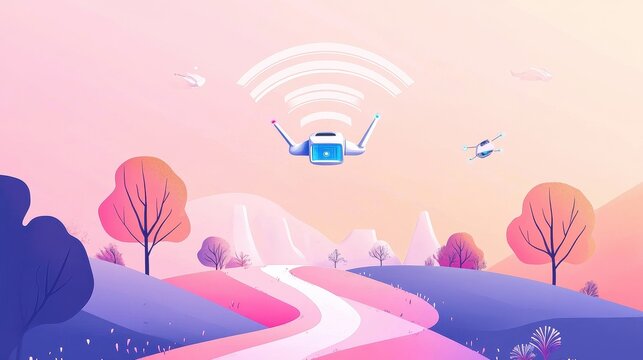 Advanced wireless communication flat design front view minimalistic theme cartoon drawing colored pastel 