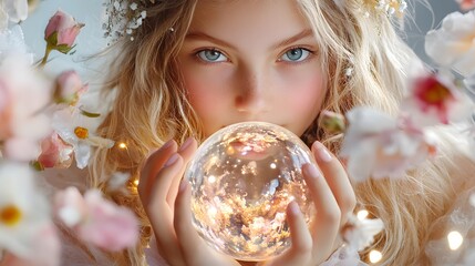 Naklejka premium Ethereal Young Woman with Long Blonde Hair Holding a Crystal Ball Surrounded by Floral Background