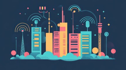 Advanced wireless communication flat design front view minimalistic theme cartoon drawing colored pastel 